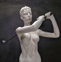 Kirakati bábu női, golfozó figura, szobor, próbababa