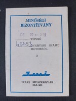 Minőségi Bizonyítvány IMI - Ipari Műszergyártó Iklad - motorról 1974