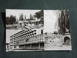 Képeslap,Hajdúszoboszló,mozaik,SZOT Béke üdülő,szálló,strand,medence,bejárat látkép,részlet, 1964-