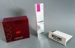 3x Moschino Revlon Dunhill plexi/plasztik terméktartó, polcdísz