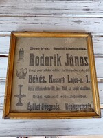 20. század elejei reklám, "Bodrik János-Békés" üvegegező mester, épület üveges, képkeretező és egyéb