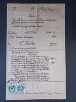 Telekjegyzőkönyvi kivonat másolata 1897-ből Dénesfa-Lakhegy ingatlan - 2db 50krajcáros ill. bélyegge