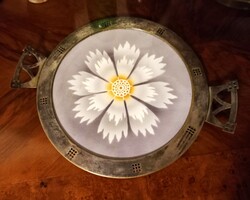 Art deco fajanszbetétes fémtálca