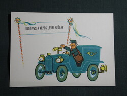 Képeslap,Gonda-Rozs grafika,100 éves a képeslap levelezőlap,veterán autó,1970-