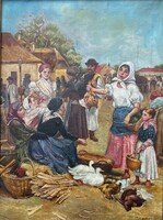 Antik olaj- vászon festmény ! Vásári piaci jelenet !