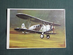 Képeslap,MALÉV légiközlekedés,Polikarpov PO-2 repülőgép,Bánfalvy Ákos grafika,1980-