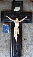 44. Antik, CSONT Jézus Krisztus 14 cm, 35, cm feszület, impozáns, aprólékos, kereszt, korpusz