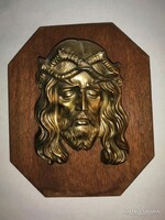 Jézus Krisztus réz fém dombormű falidísz relief fa lapon - 16*19,5 cm (bb)