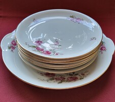Eschenbach Bavaria német porcelán süteményes készlet kistányér tányér tálaló tál arany széllel virág