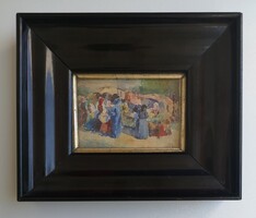 Piaci jelenet. Jelzett régi akvarell festmény, cca. 1930.