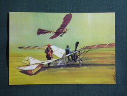 Képeslap,MALÉV légiközlekedés,Kolibri,Albatrosz monoplán repülőgép,Bánfalvy Ákos grafika,1980-