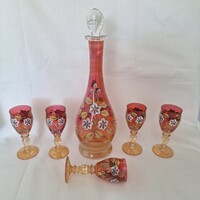 Cseh üveg régi Bohemia italos készlet, kézzel festett (5 + 1 darab)