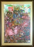 Tóth Ernő - Bohóckirály 100 x 70 cm olaj, merített papír, keretezve