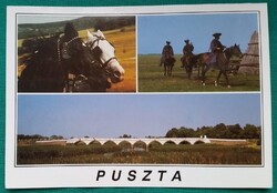 Hortobágy, részletek, Kilenclyukú-híd, csikósok, lovak, postatiszta képeslap, 1991