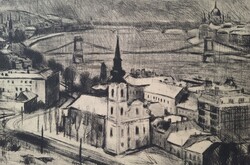 BUDAPEST PANORÁMA: Tabán, Alexandriai Szent Katalin-templom, háttérben a Lánchíd! Fehér Ilona műve