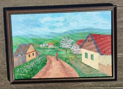 Tavaszi, falusi tájkép, szignós olajkép 2010