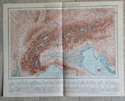 "Az Alpesek beosztása térképe" cca 1900 A Pallas Nagylexikon térkép melléklete