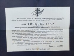 Lovag Trungel Iván terényi plébános, Ferencz József rend és több hadikitüntetés...gyászjelentése
