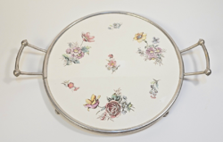 Antik virágmintás porcelánfajansz fémkeretes füles tálca