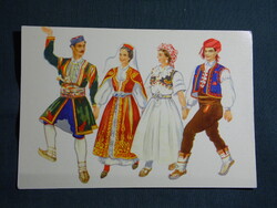 Képeslap,Jugoszlávia,Montenegró,Bosnyák,Bosznia néptánc,népviselet,Vladimir Kirin grafika,1970-