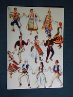 Képeslap,Jugoszlávia, néptánc,népviselet,népművészet,Vladimir Kirin grafika,1970-