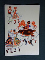 Képeslap,Jugoszlávia,Horvát néptánc,népviselet,népművészet,Vladimir Kirin grafika,1970-
