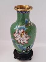 Rekeszzománc, cloisonne, váza, fa talpazattal, 20 cm