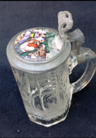 Antik gravírozott ,nyolcszögletű ,üveg söröskorsó, porcelán, festett berakásos ,ón fedéllel 19sz vég