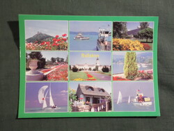 Képeslap,Balaton,mozaik,Tihany,Keszthely,kastély,szálló,kikötő,vitorlás hajó látkép,részlet,1994-