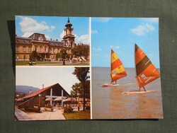 Képeslap,Balaton,mozaik,Keszthely kastély,Badacsonytomaj étterem,szörf látkép,részlet,1981-