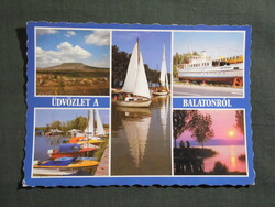 Képeslap,Balaton,mozaik,Badacsony,móló,kikötő,vitorlás hajó,motorcsónak,naplemente,1987-