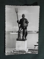 Képeslap,Balaton part,Balatonfüred,Halász szobor,kikötő,vitorlás hajó,sétahajó látkép,1961-