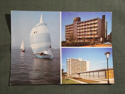 Képeslap,Balaton,mozaik,Siófok,Balatonszéplak,üdülő,szálló,vitorlás hajó látkép részlet,1980-