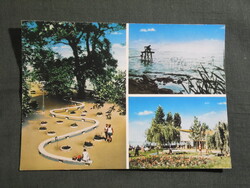 Képeslap,Balaton,mozaik,parti sétány,park,strand,étterem,stég horgász látkép,részlet,1980-