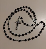 RÉGI RÓZSAFÜZÉR IMALÁNC ÉBENFA BERAKÁSOS  FESZÜLETTEL FEKETE CSISZOT ONIX SZEMEKBŐL