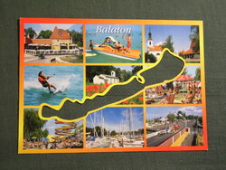 Képeslap,Balaton,mozaik,Balatonlelle,Lelle Bár,strand,templom,kikötő,vitorlás,látkép,részlet,2000-