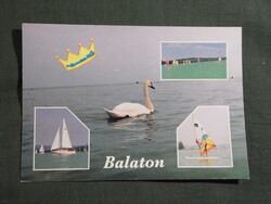 Képeslap,Balaton,mozaik,hattyú,vitorlás hajó,szörf,hullámlovas látkép,részlet,1987-