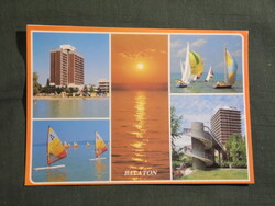 Képeslap,Balaton,mozaik,Balatonfüred,Almádi szálló,vitorlás hajó,szörf látkép,részlet,1990-