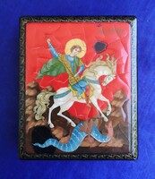 Szent György és a sárkány. Orosz, kézi festésű lakkdoboz. Extra!
