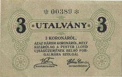 3 korona 1919 Pester Lloyd újságüzeme szükségpénz aUNC