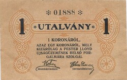 1 korona 1919 Pester Lloyd újságüzeme szükségpénz aUNC