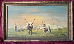 Réti Mátyás olaj festmény,  Delelő gulya, nagy méretű , eredeti 2000