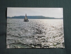 Képeslap,Balaton,naplemente,vitorlás hajó,Tihany látkép,részlet,1970-