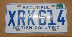 Régi kanadai rendszám rendszámtábla 1977-ből XRK 614 British Columbia Beautiful Kanada