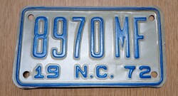 Régi USA motor motorkerékpár rendszám rendszámtábla 1972-ből 8970 MF North Carolina