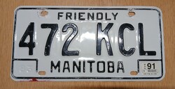 Régi kanadai rendszám rendszámtábla 1991-ből 472 KCL Manitoba Friendly Kanada