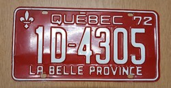Régi kanadai rendszám rendszámtábla 1972-ből 1D-4305 Québec La Belle Province Kanada
