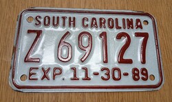 Régi USA motor motorkerékpár rendszám rendszámtábla 1989-ből Z 69127 South Carolina