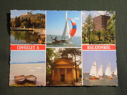Képeslap,Balaton mozaik,Tihany,Balatonalmádi,Balatonfüred,kikötő,vitorlás hajó látkép,részlet,1987-