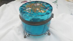 Ajánlatot várok ! Bieder  üveg cukortartó-bonbonier kézzel festve, réz lábakon osztrák/cseh ?